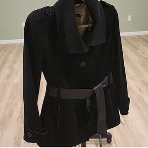 ANDREW MARC Black Virgin Wool Blend & Leather Trim Coat Jacket size 12